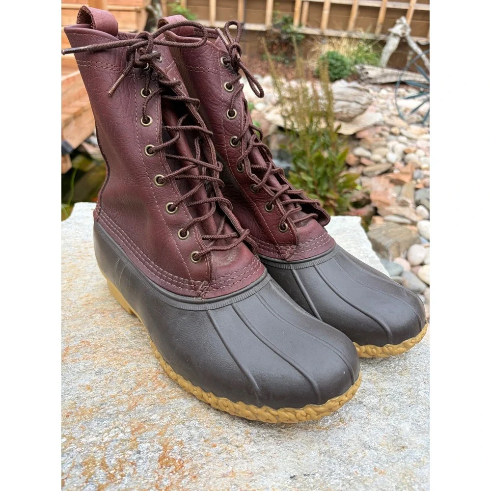 LL Bean 8 Inch Duck Boots Mens 11 Wide Burgundy Leather Brown Rubber Made in USA